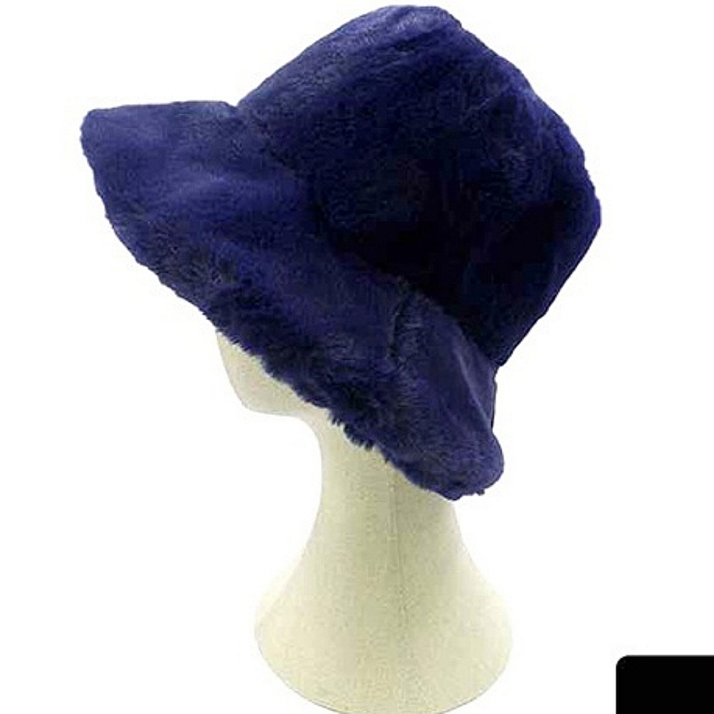 Blue Navy Fur Bucket Hat Statement Style Trendy Fuzzy Cute